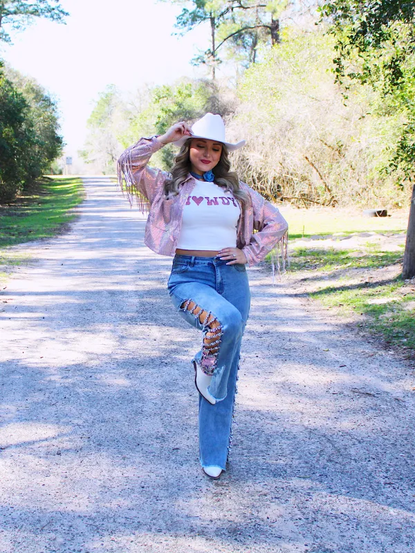 Howdy Go Lucky Iridescent Sequin Fringe Jacket, Rose Gold