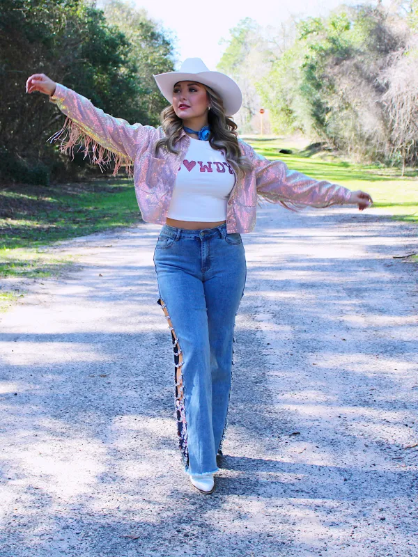 Howdy Go Lucky Iridescent Sequin Fringe Jacket, Rose Gold