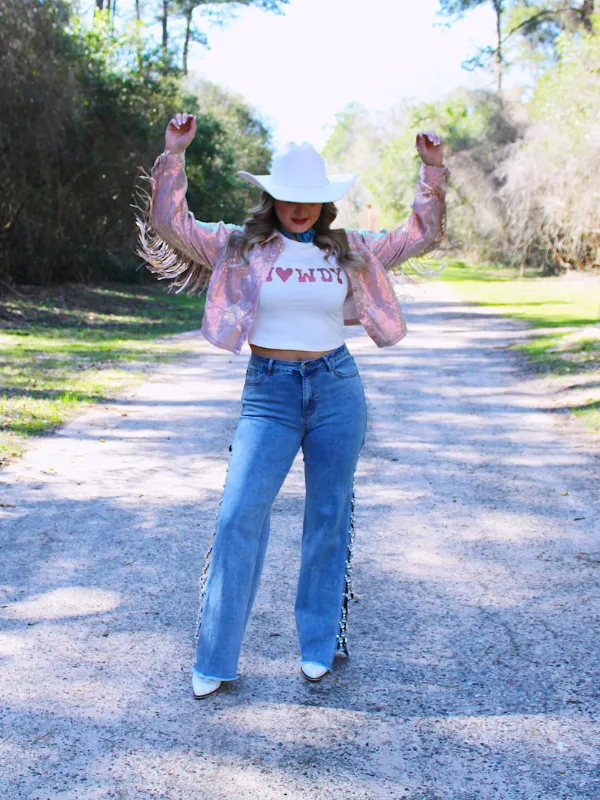 Howdy Go Lucky Iridescent Sequin Fringe Jacket, Rose Gold