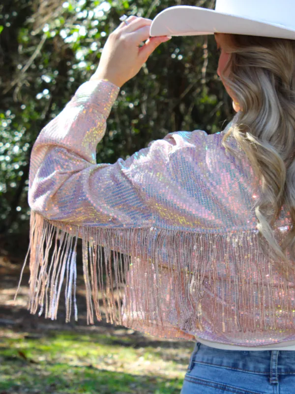 Howdy Go Lucky Iridescent Sequin Fringe Jacket, Rose Gold