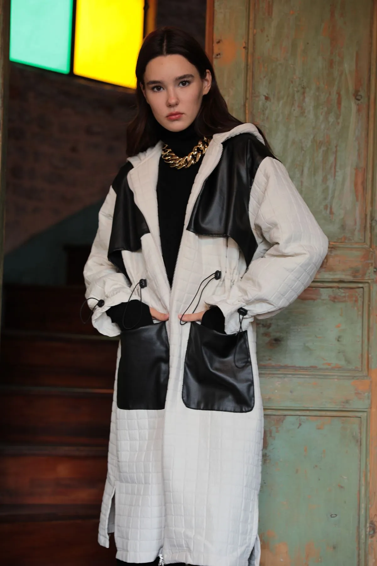 KKT Leather Fabric Jacquard Women's Trench Coat-Beige - Meppen