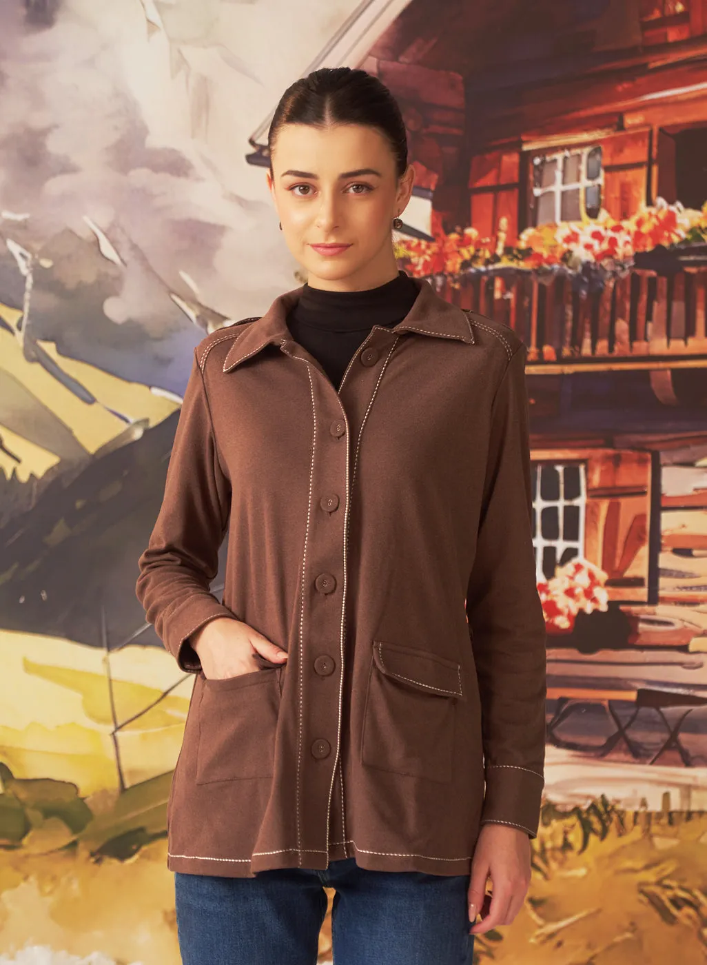 Liah Ash Brown Monochrome Brushed Fleece Jacket for Women