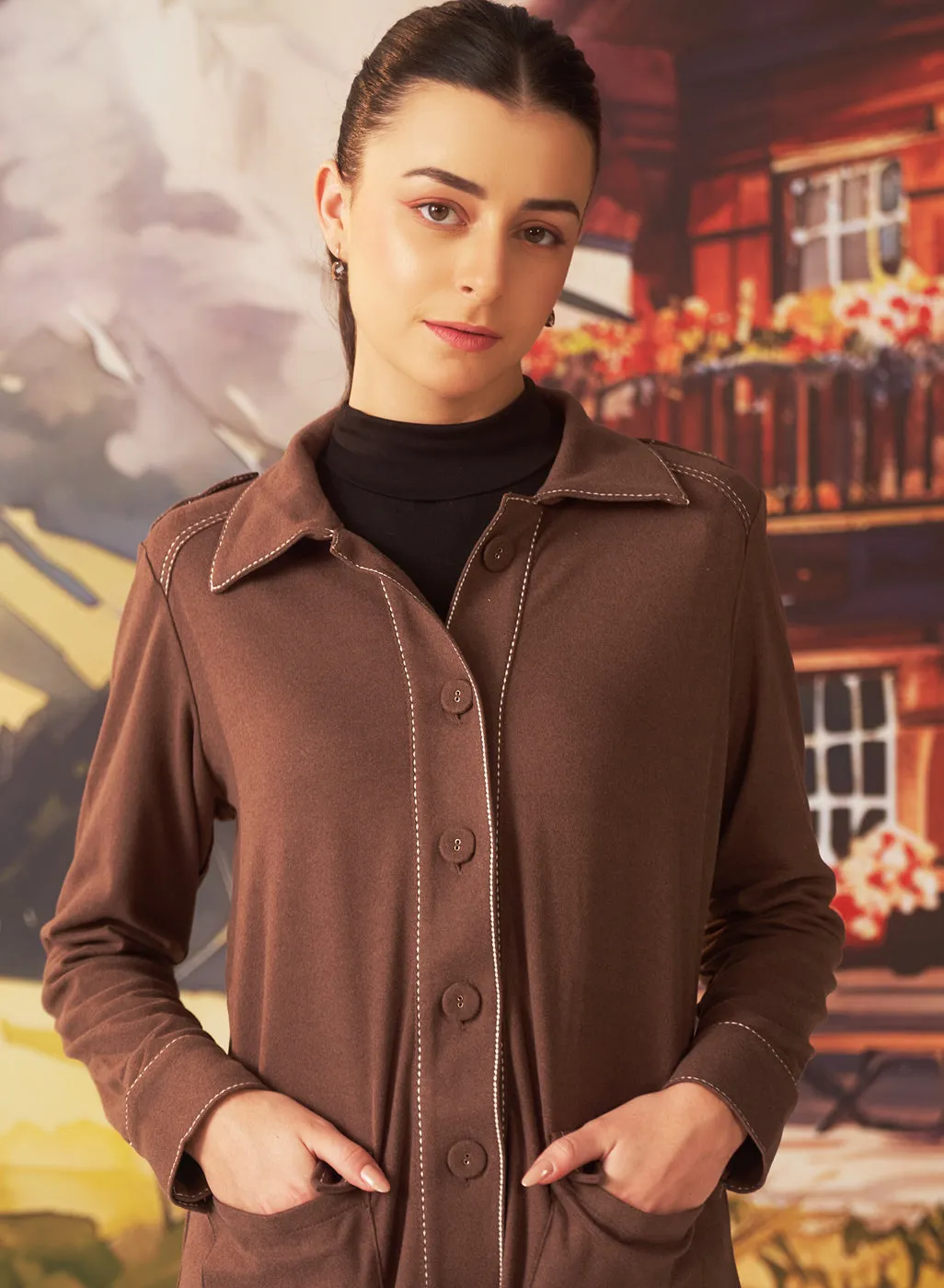 Liah Ash Brown Monochrome Brushed Fleece Jacket for Women