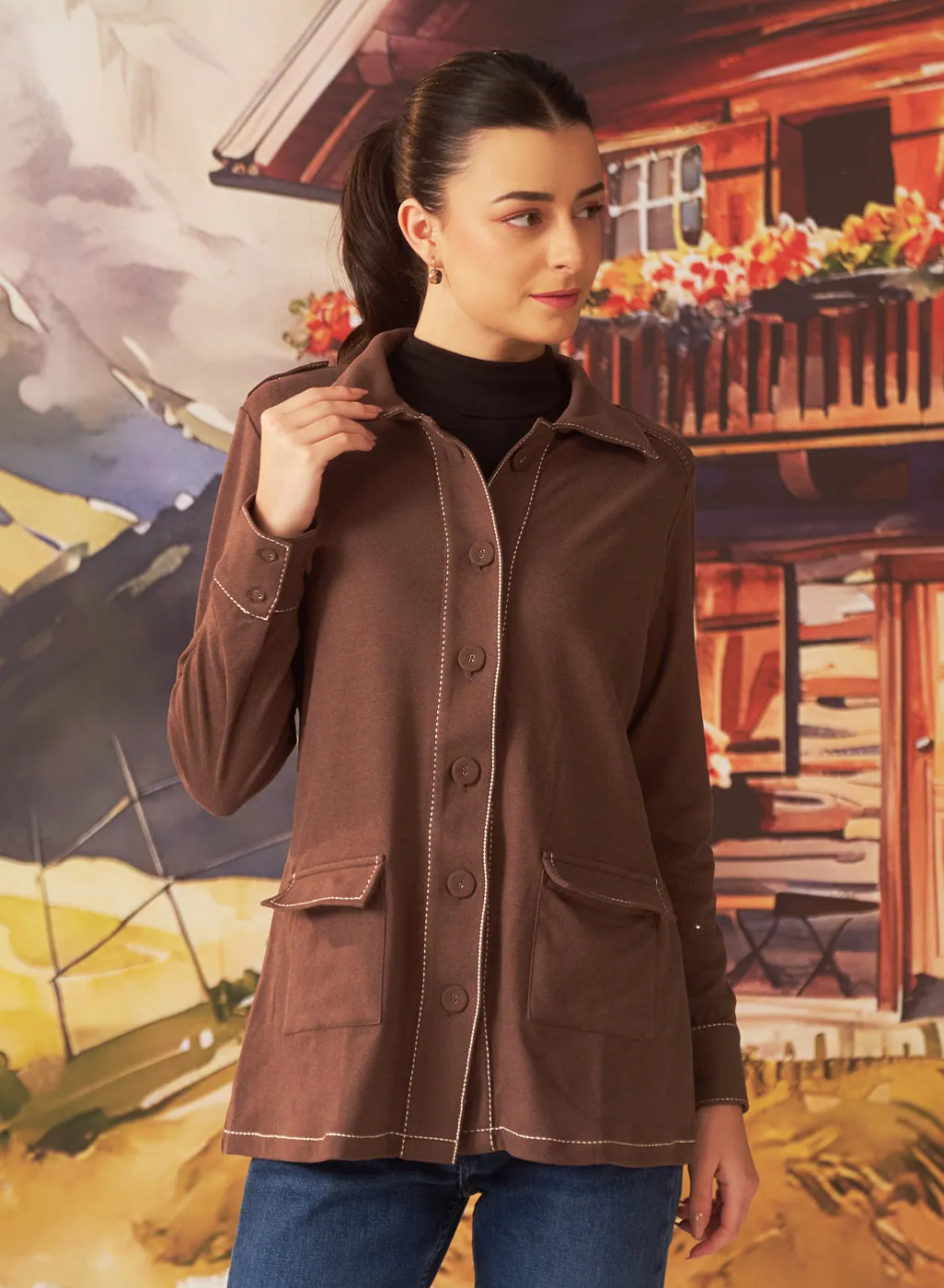 Liah Ash Brown Monochrome Brushed Fleece Jacket for Women