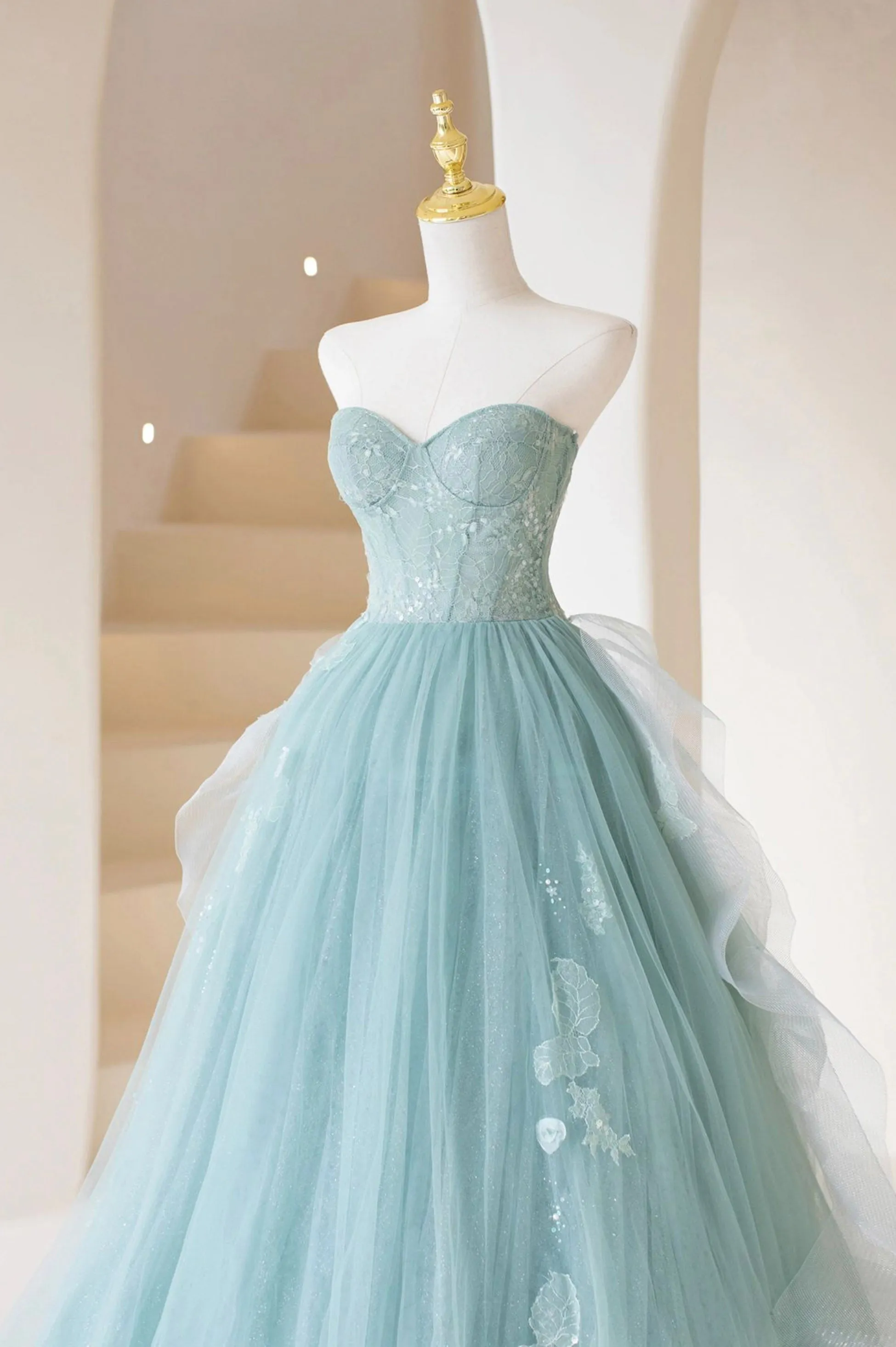Lovely Sweetheart Neckline Tulle Long Prom Dress with Lace, Beautiful Strapless Evening Dress