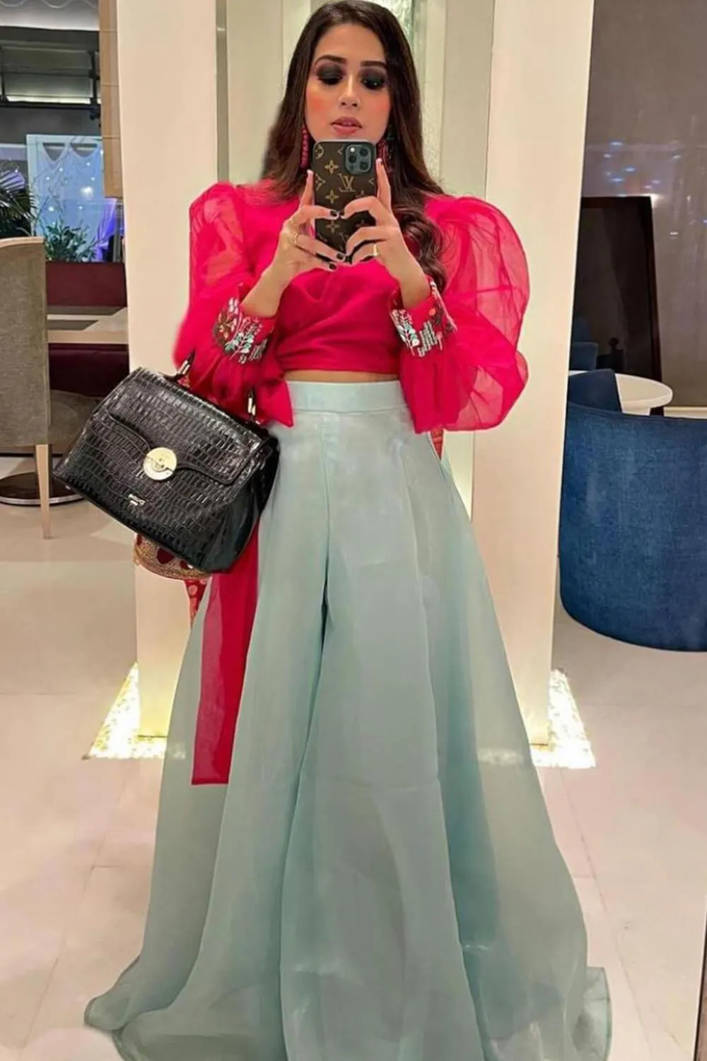 Magenta crop top and Flared pants set