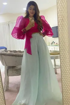 Magenta crop top and Flared pants set