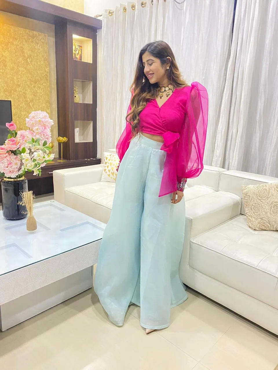 Magenta crop top and Flared pants set
