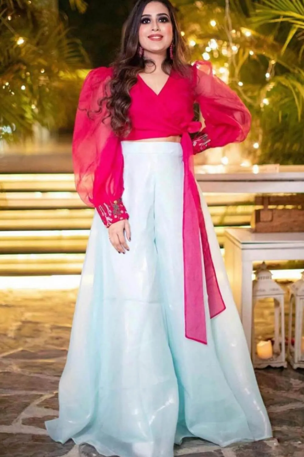 Magenta crop top and Flared pants set