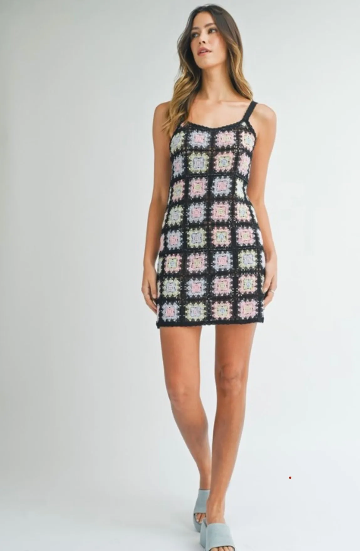 MD3522 MULTI COLOR PATTERN KNIT CROCHET MINI DRESS