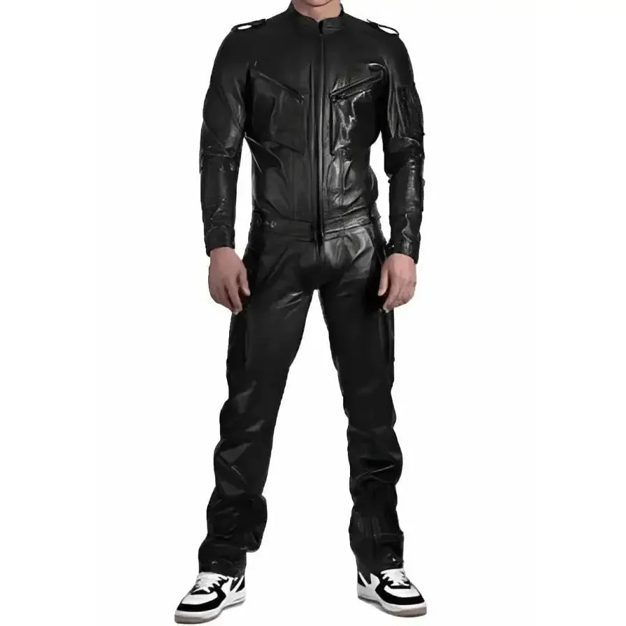 Men's Black Leather Jumpsuit with Straps – Bold & Stylish