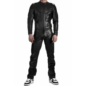 Men's Black Leather Jumpsuit with Straps – Bold & Stylish