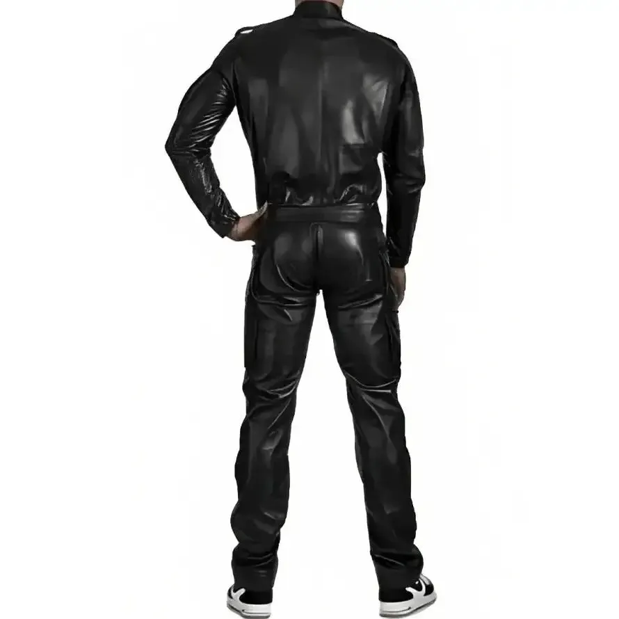 Men's Black Leather Jumpsuit with Straps – Bold & Stylish