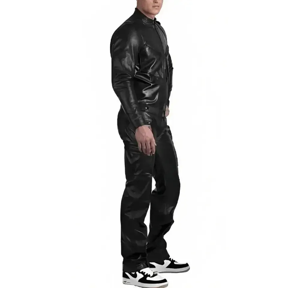 Men's Black Leather Jumpsuit with Straps – Bold & Stylish