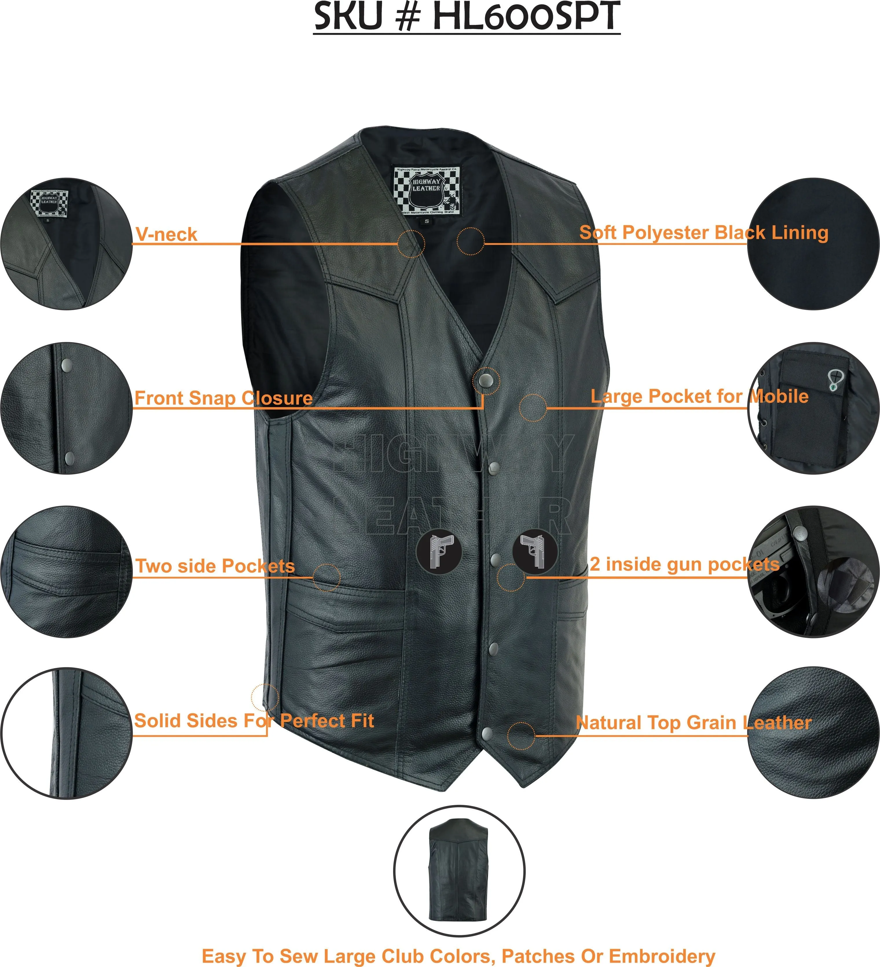 Men's Classic Snap Front with Ammo pockets Biker Leather Vest