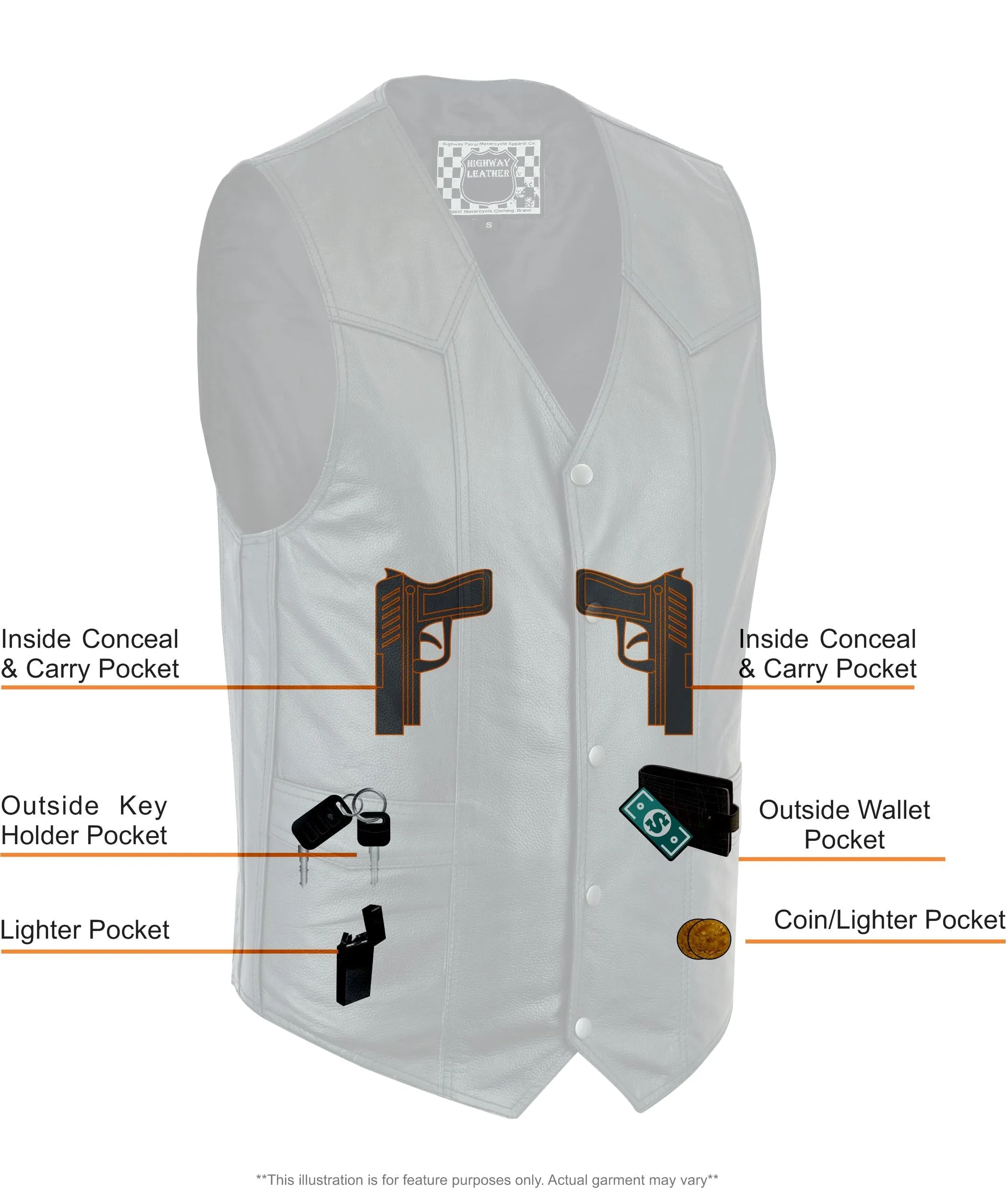 Men's Classic Snap Front with Ammo pockets Biker Leather Vest
