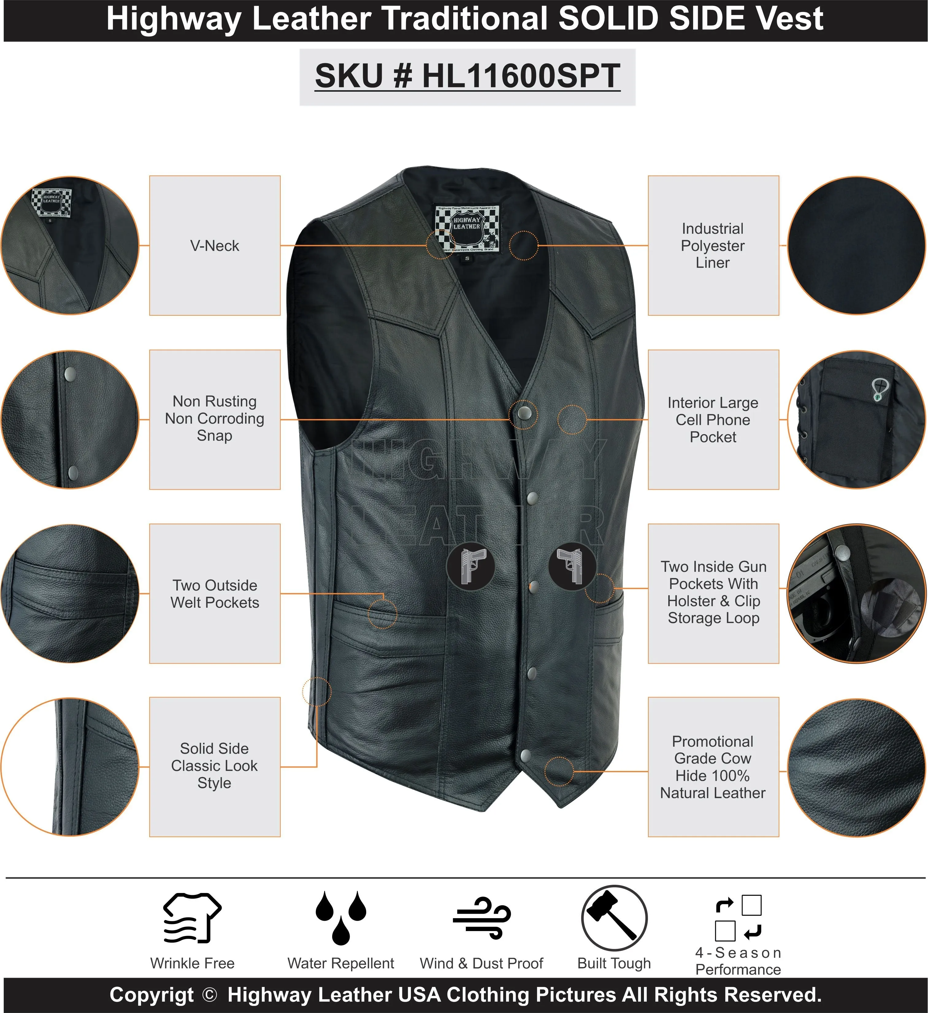 Men's Classic Snap Front with Ammo pockets Biker Leather Vest