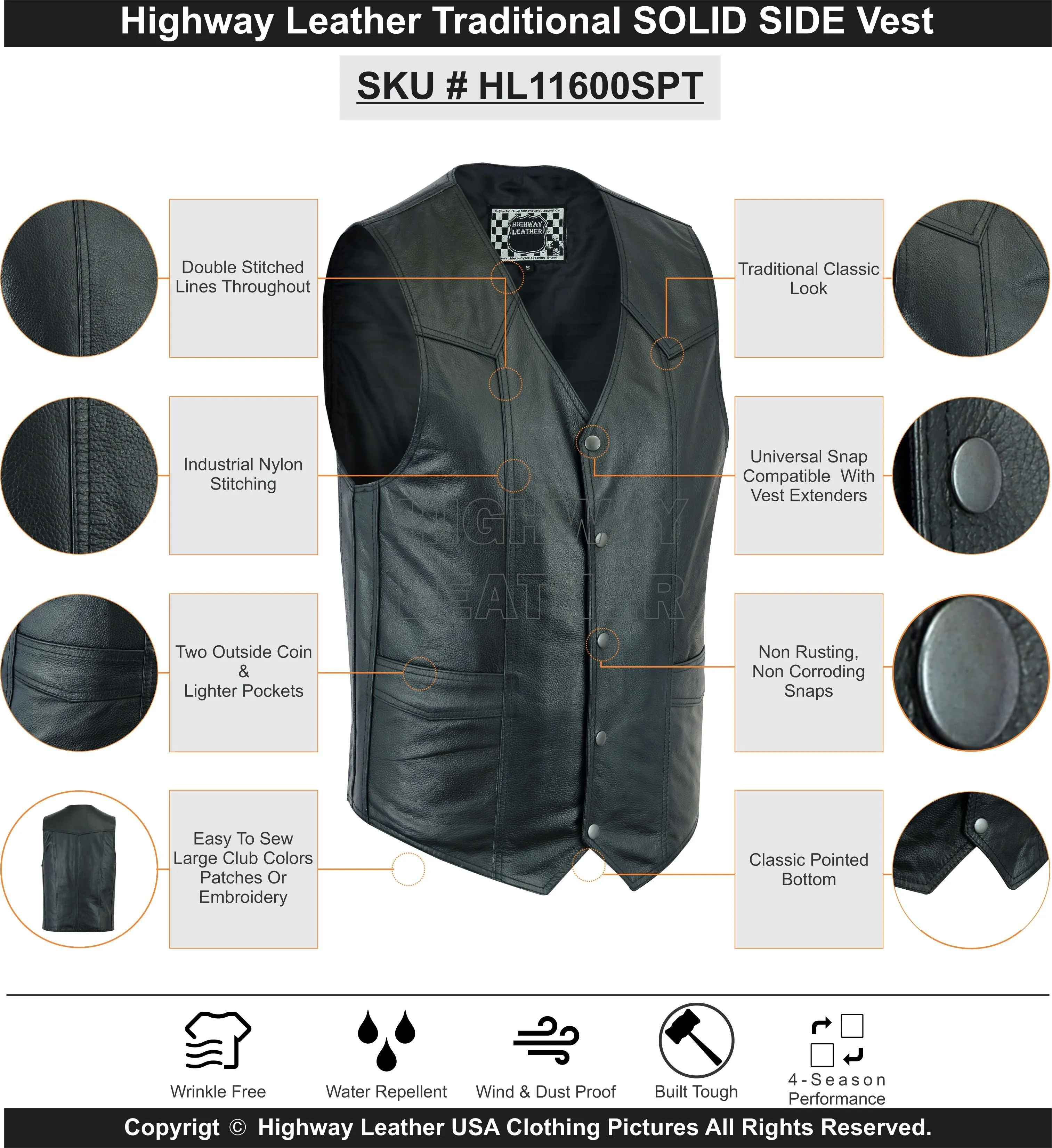 Men's Classic Snap Front with Ammo pockets Biker Leather Vest