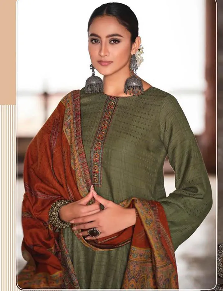 Pashmina Green Unstitched Winter Salwar Suit Set With Printed Shawl