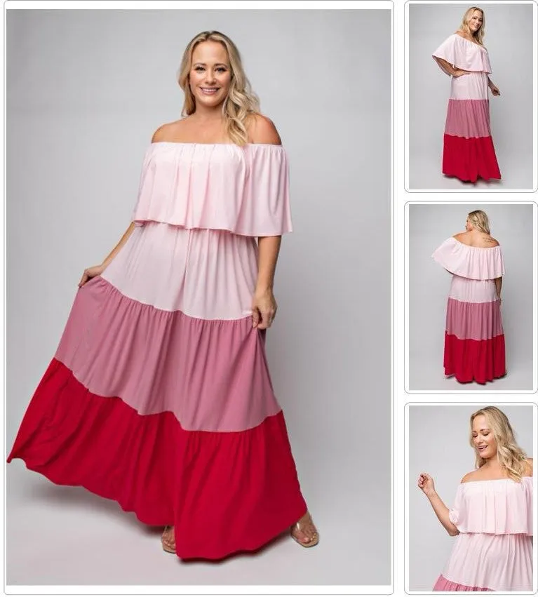 Pink Off Shoulder Ruffle Maxi Dress