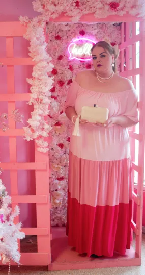 Pink Off Shoulder Ruffle Maxi Dress