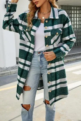 Plaid Button Up Collared Neck Jacket with Pockets