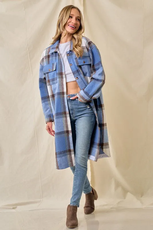Rowan Brushed Flannel Long Shacket - blue