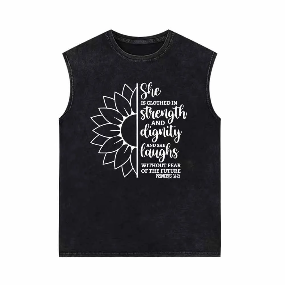 She Is Clothed In Strength Sun Flower Vintage Washed Vest Top