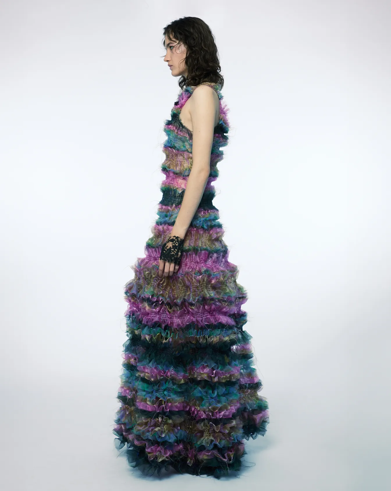 SMOKED PRINTED TULLE TIERED MAXI DRESS