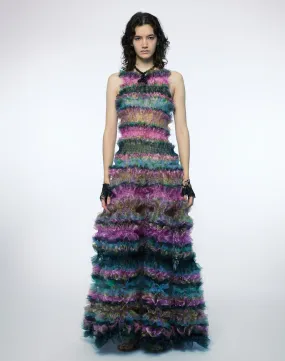 SMOKED PRINTED TULLE TIERED MAXI DRESS
