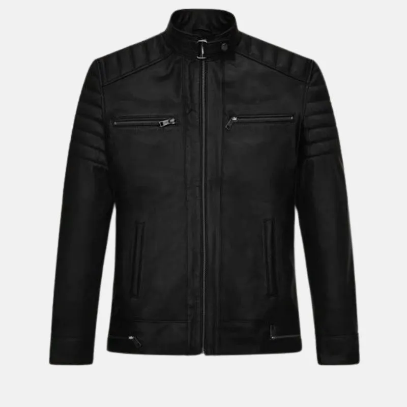 Tate Quilted Biker Black Leather Jacket For Men