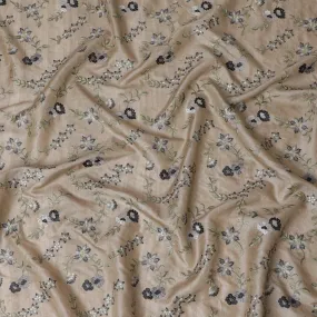 Taupe Tussar Silk Fabric with Monochrome Embroidery, 110cm Width - Artisanal Textile from India-D17924