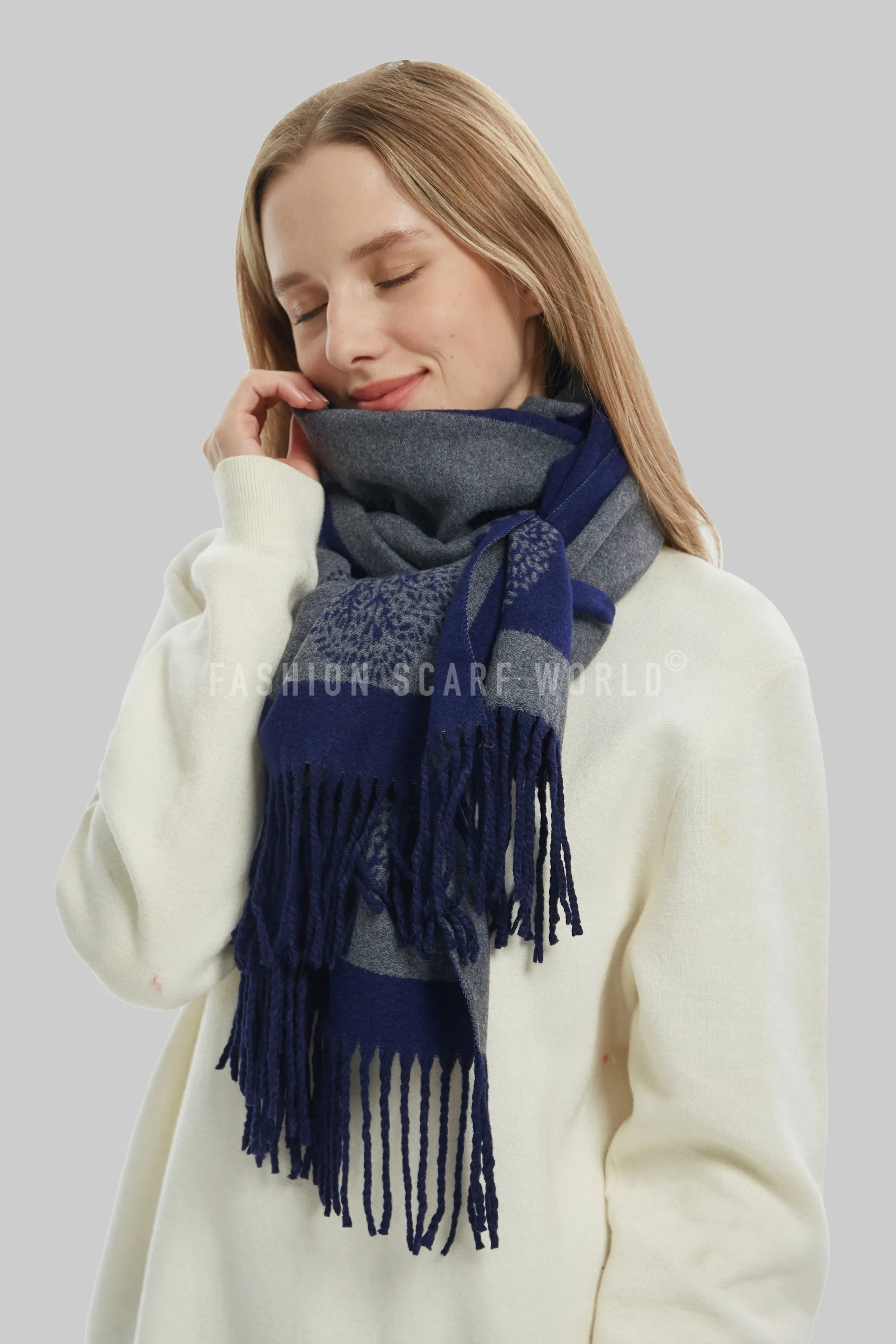 Tree Print Reversible Tassel Scarf