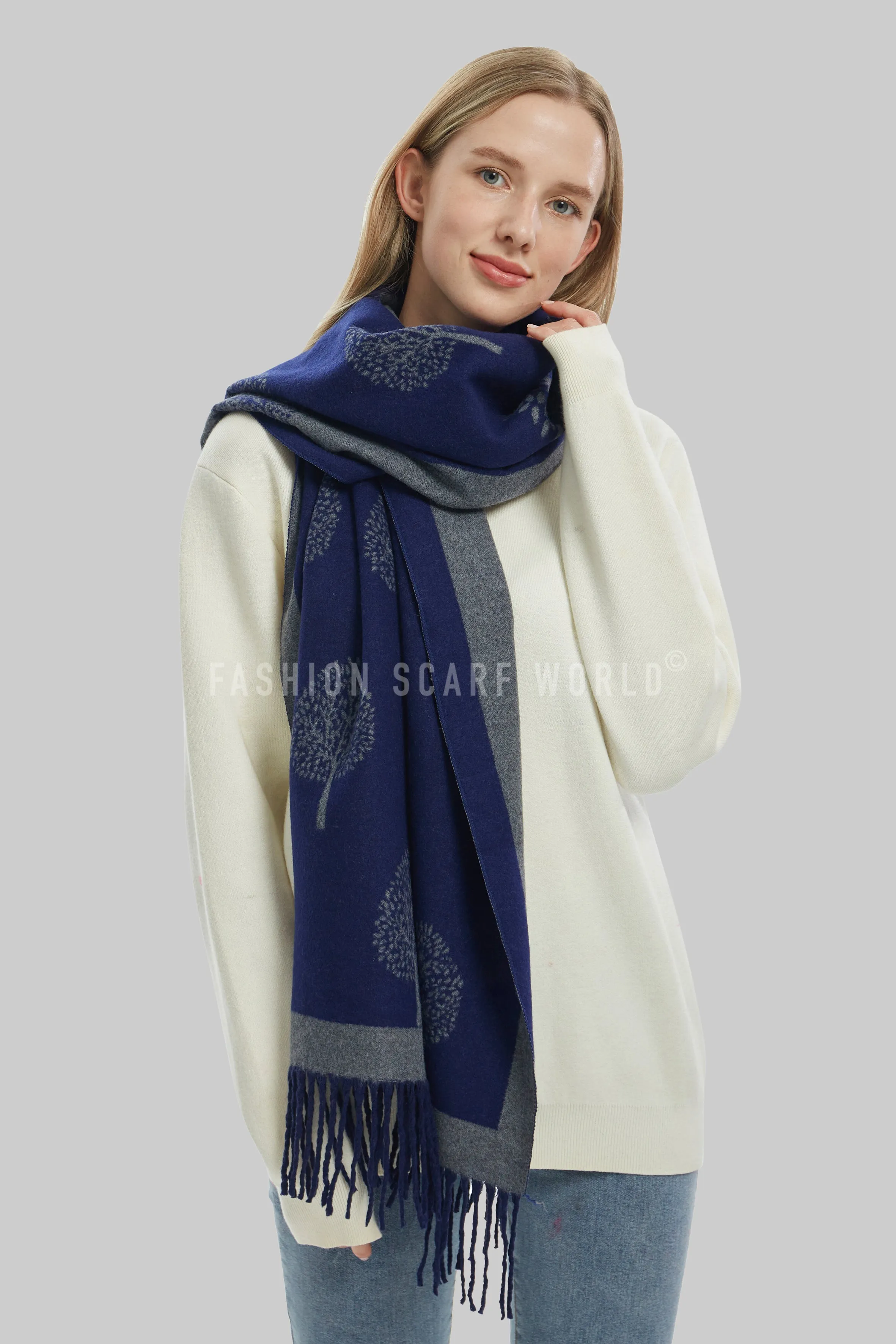 Tree Print Reversible Tassel Scarf
