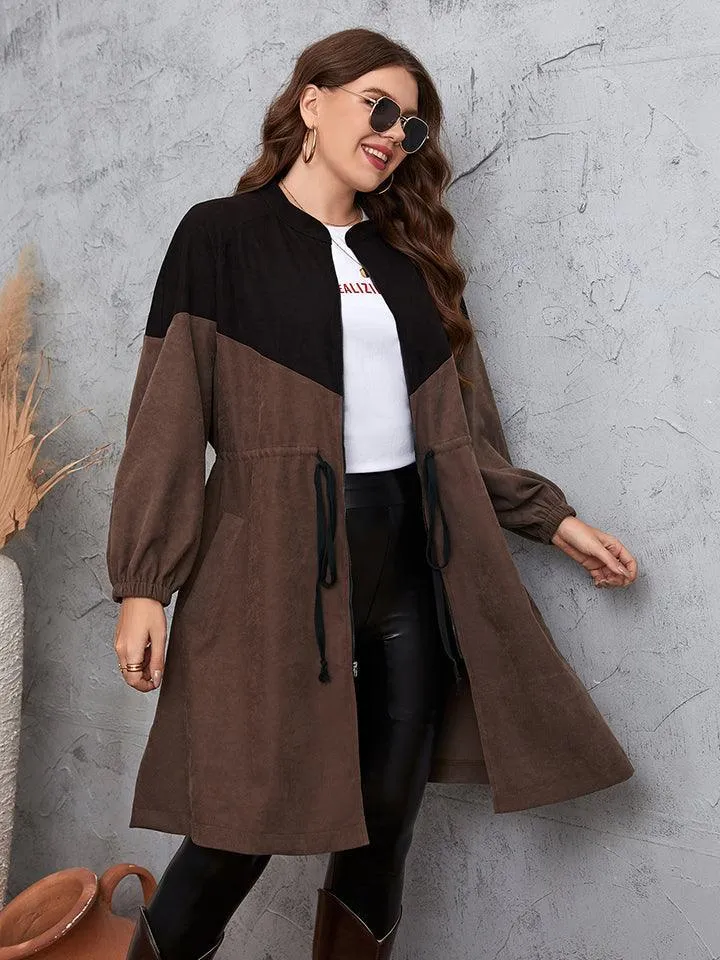 Two-Tone Dropped Shoulder Plus Size Women's Trench Coat