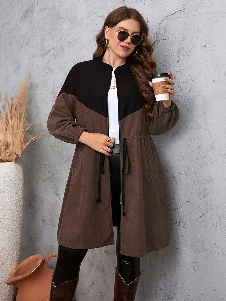Two-Tone Dropped Shoulder Plus Size Women's Trench Coat