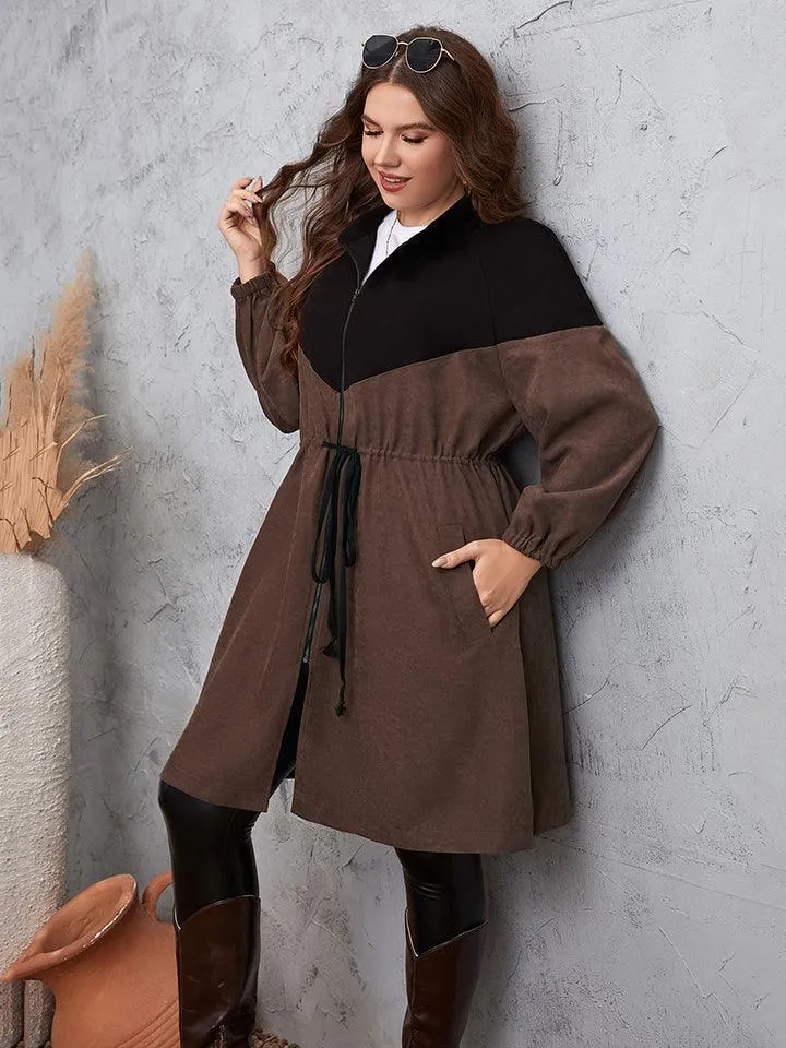 Two-Tone Dropped Shoulder Plus Size Women's Trench Coat