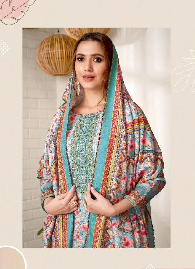 Unstitched Pashmina With Embroidery Blue Winter Suit