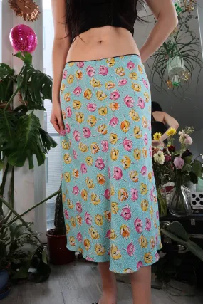Vintage 2000s Pink and Yellow Roses Midi Skirt