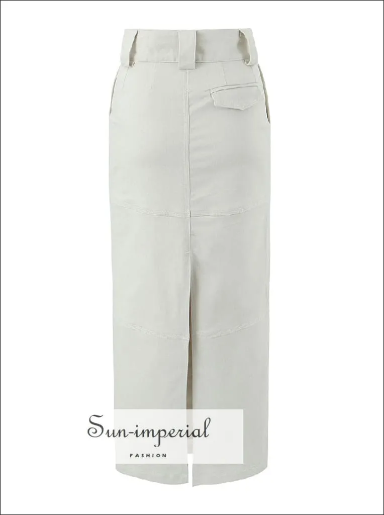 Woman's Denim Pencil Maxi Skirt With Back Slit And Pockets Detail