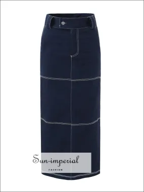 Woman's Denim Pencil Maxi Skirt With Back Slit And Pockets Detail