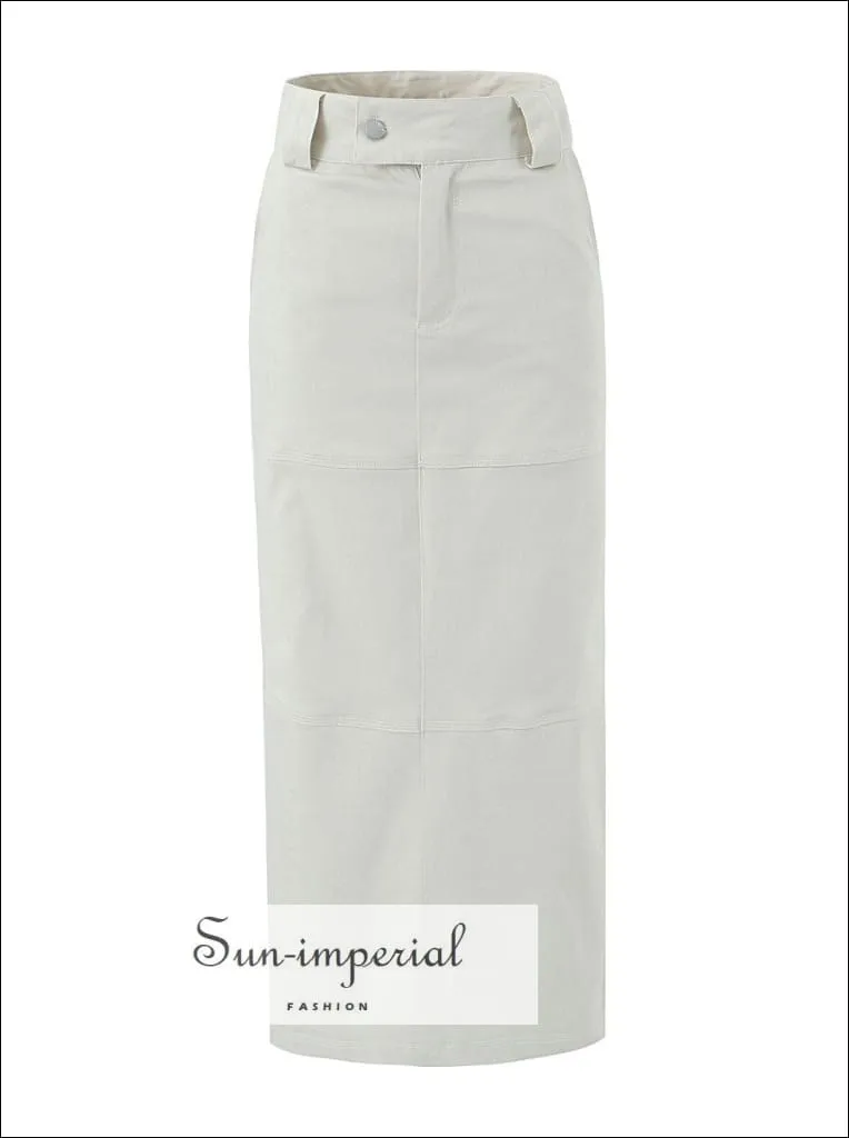 Woman's Denim Pencil Maxi Skirt With Back Slit And Pockets Detail