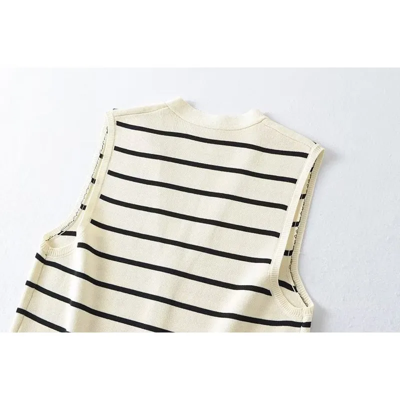 Women Striped Knitted Vest Waistcoat