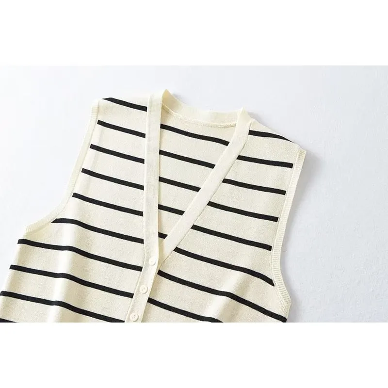 Women Striped Knitted Vest Waistcoat