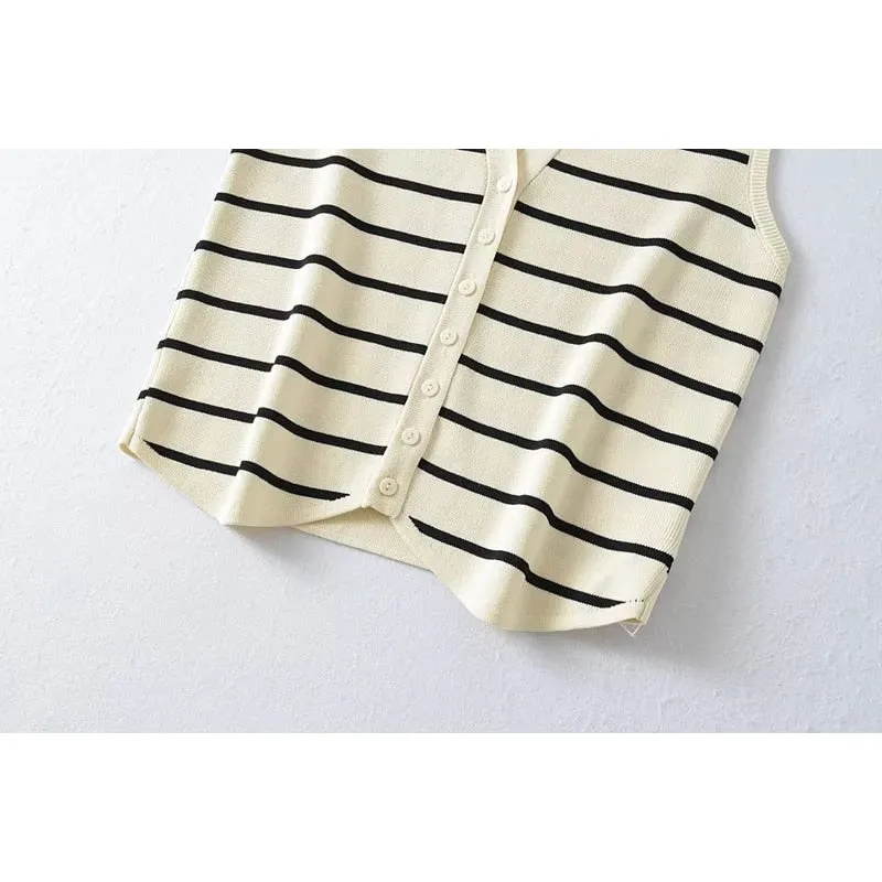 Women Striped Knitted Vest Waistcoat