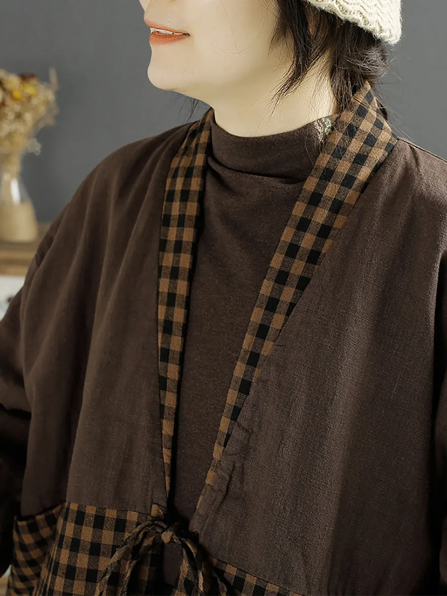 Women Winter Vintage Plaid Spliced Drawstring Padded Coat