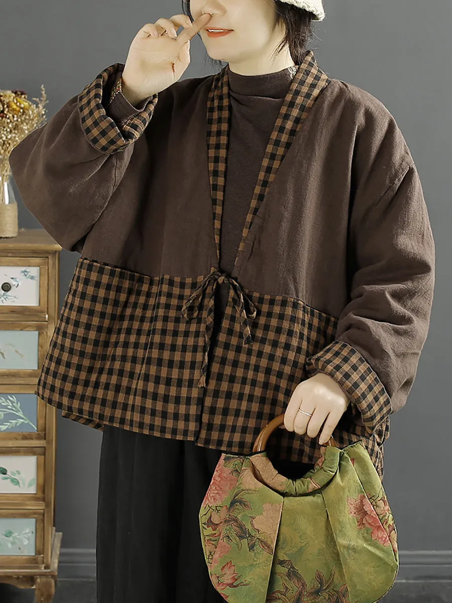 Women Winter Vintage Plaid Spliced Drawstring Padded Coat