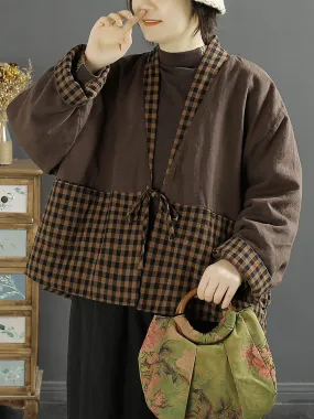 Women Winter Vintage Plaid Spliced Drawstring Padded Coat