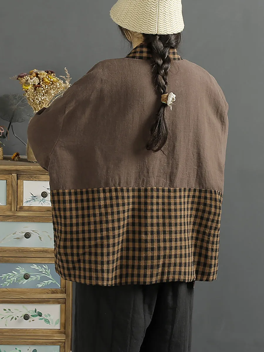 Women Winter Vintage Plaid Spliced Drawstring Padded Coat