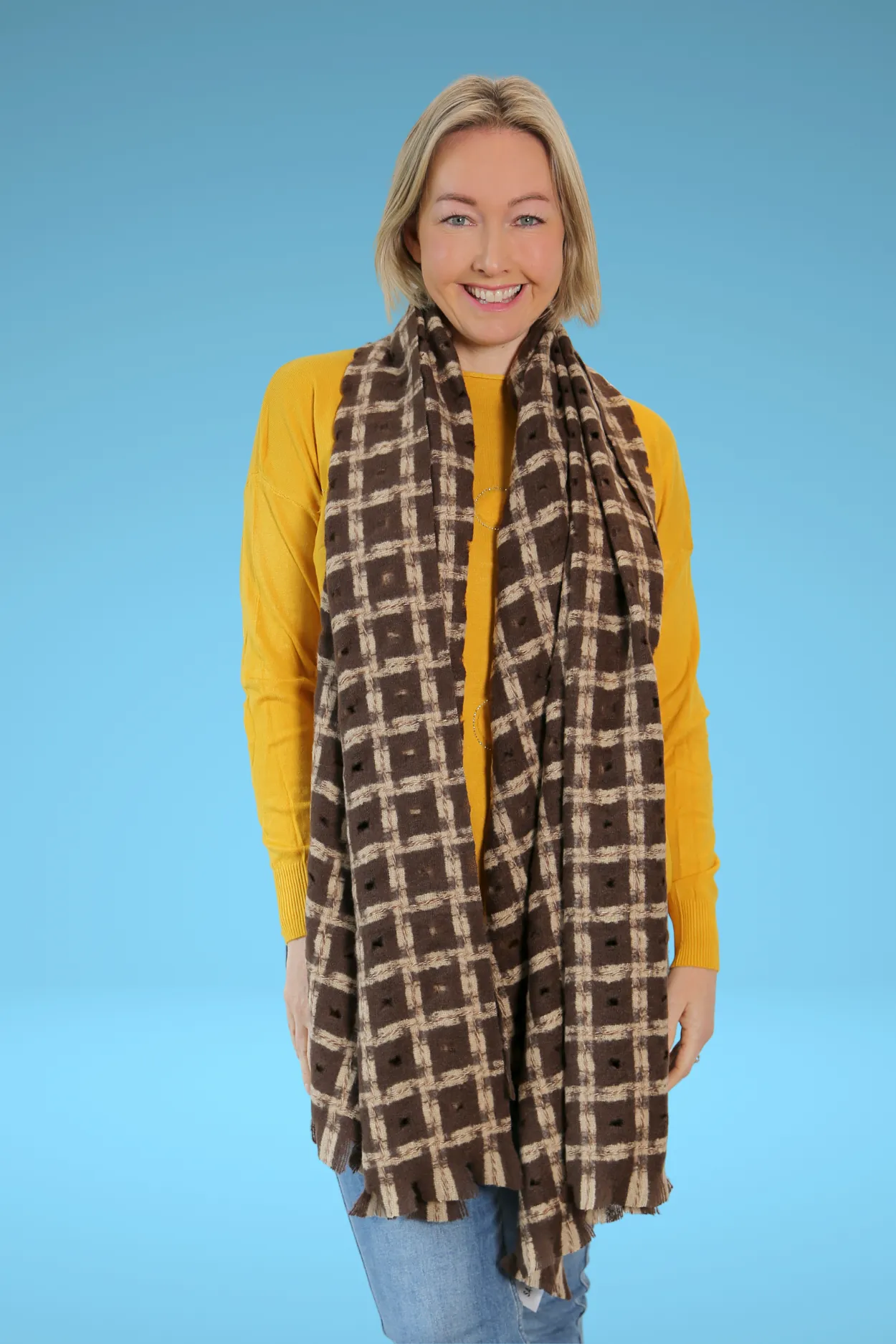 Wool and Cashmere Scarf in Brown Check